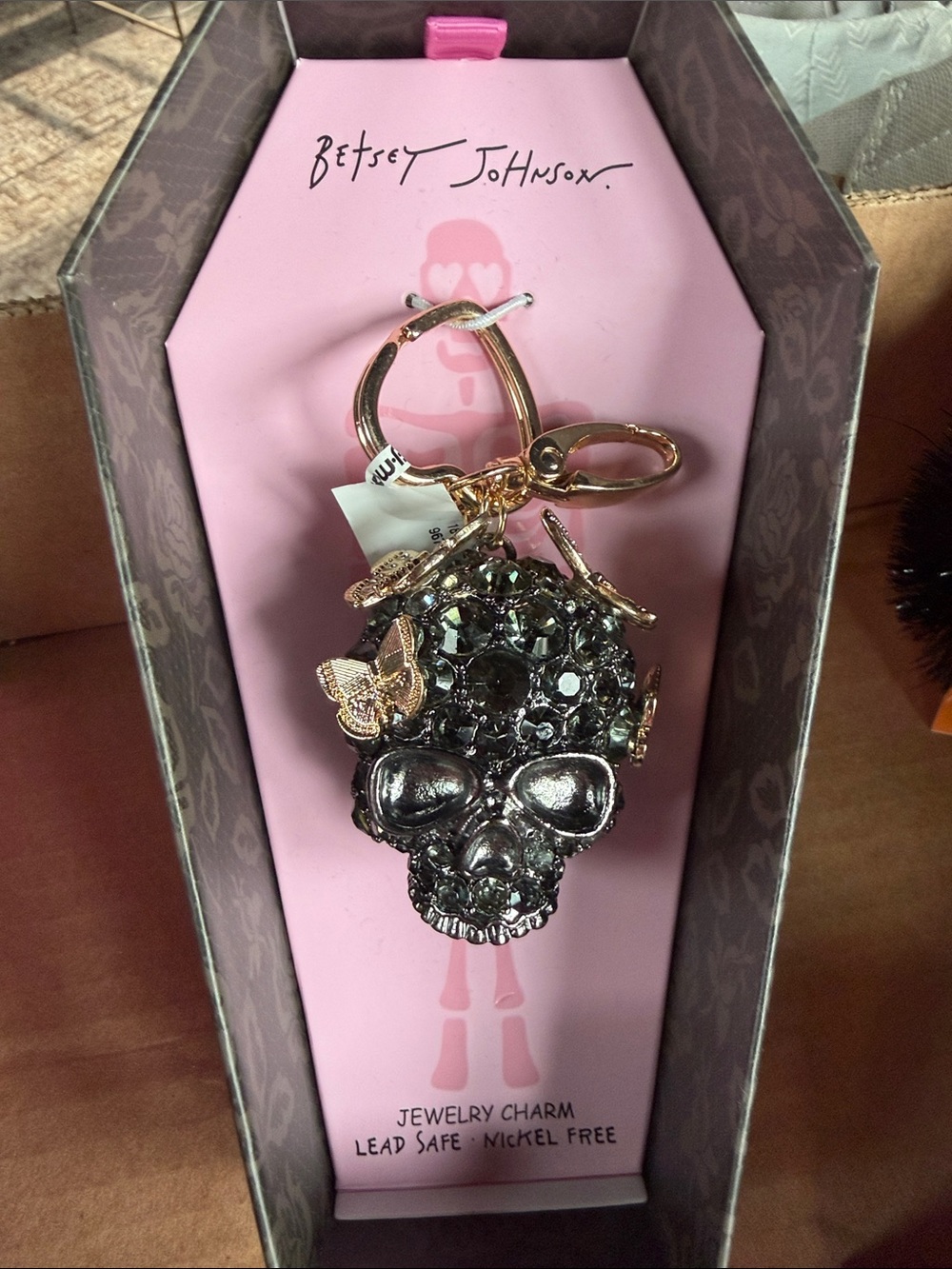 Betsey Johnson Black Crystal Skull Keychain with Gold Butterflies